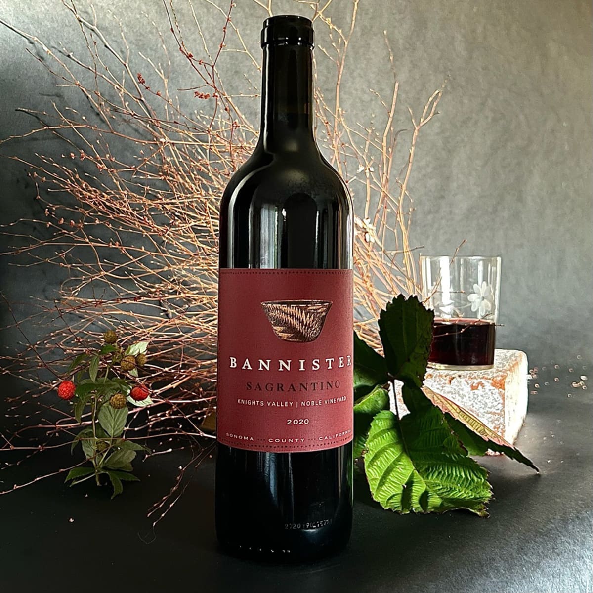 A beautiful photograph of Bannister wines 2020 Sagrantino from Noble Vineyard.